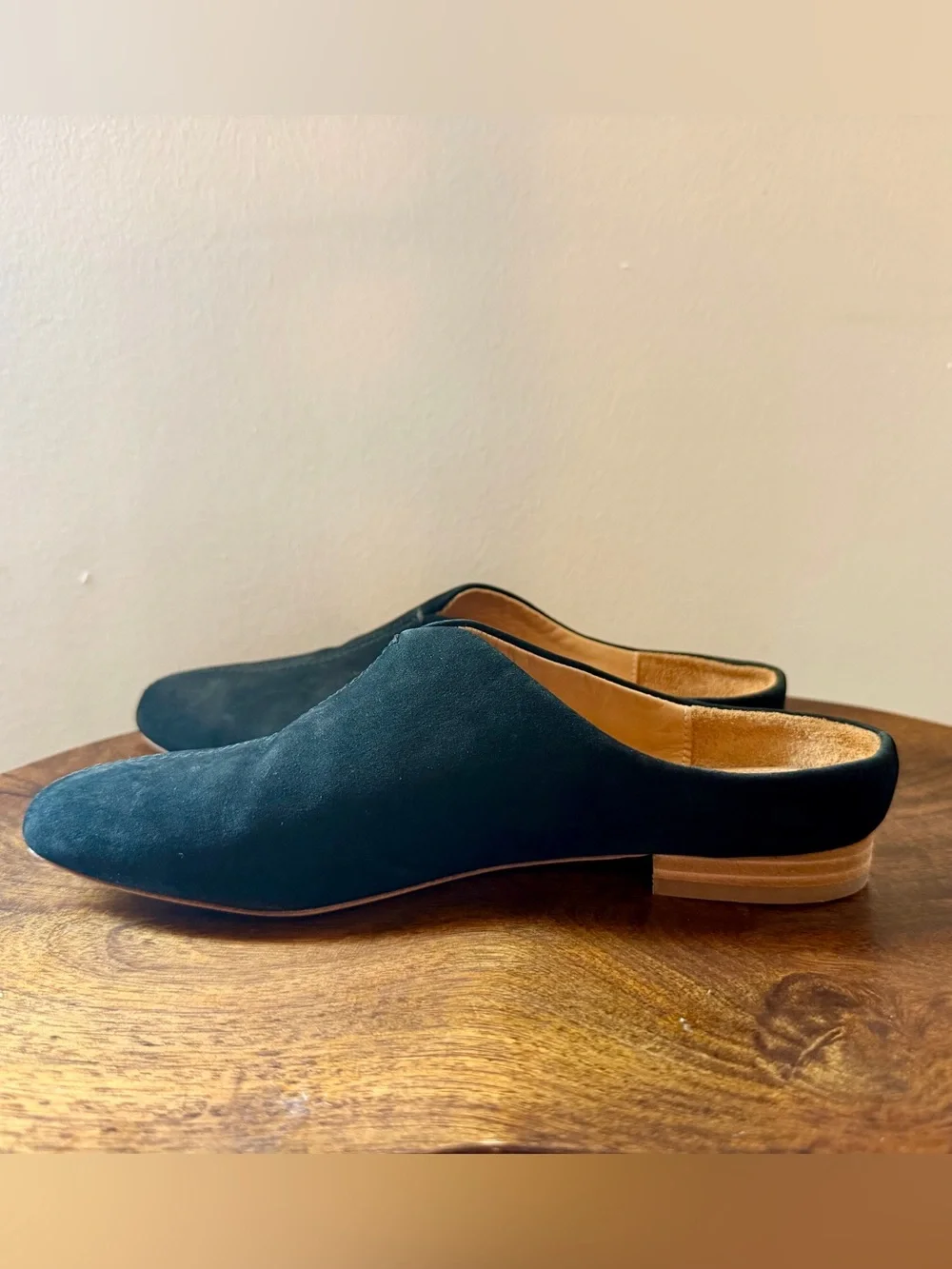 bill blass black suede backless loafers with tan sole